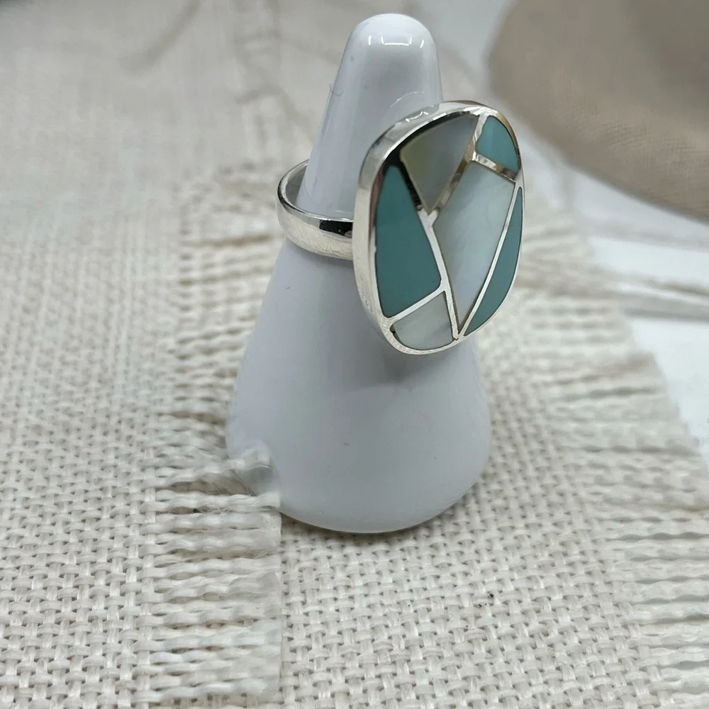Vintage Thai 925 Sterling Silver Natural Turquoise MOP Inlay Ring Size 6 - Picture 13 of 16